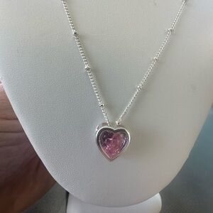 Silver Heart Necklace with Pink Gemstone